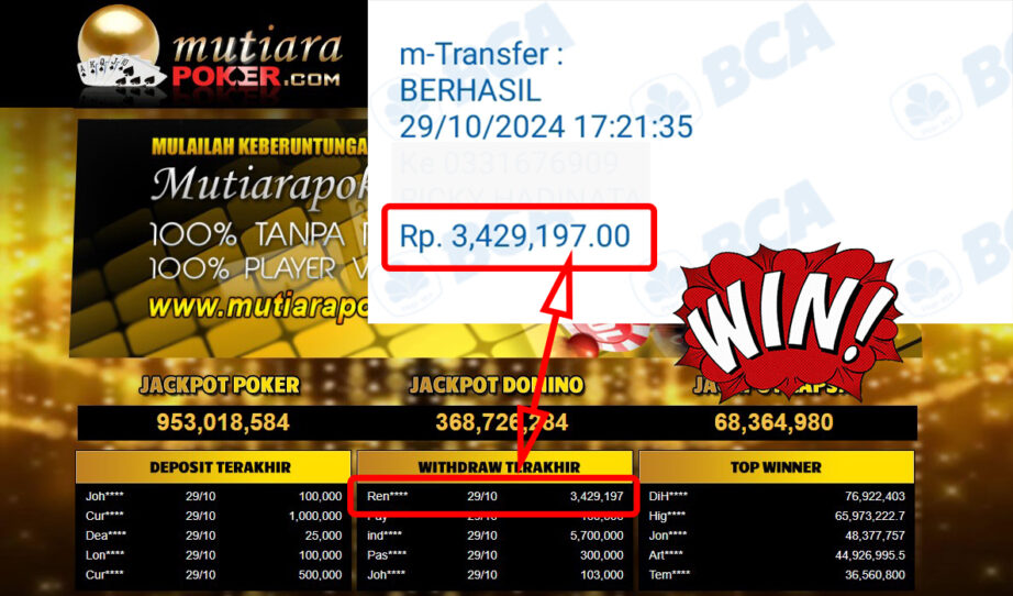 Bukti Withdraw ( 3,429,197,-) Member Setia Mutiarapoker