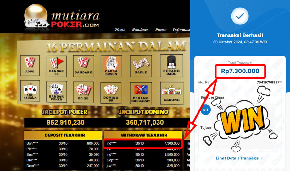 Bukti Withdraw ( 7,300,000,-) Member Setia Mutiarapoker