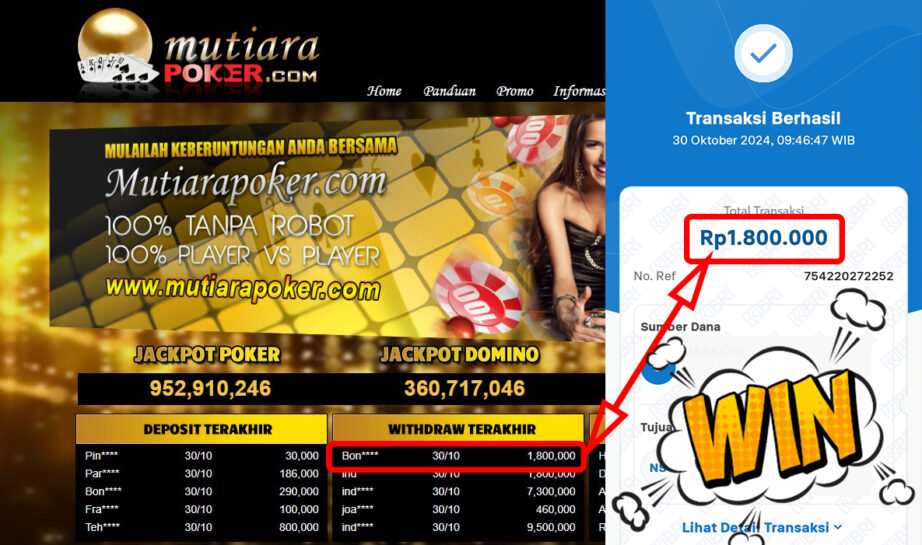 Bukti Withdraw ( 1,800,000,-) Member Setia Mutiarapoker