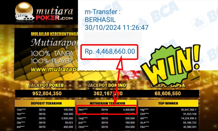 Bukti Withdraw ( 4,468,660,-) Member Setia Mutiarapoker