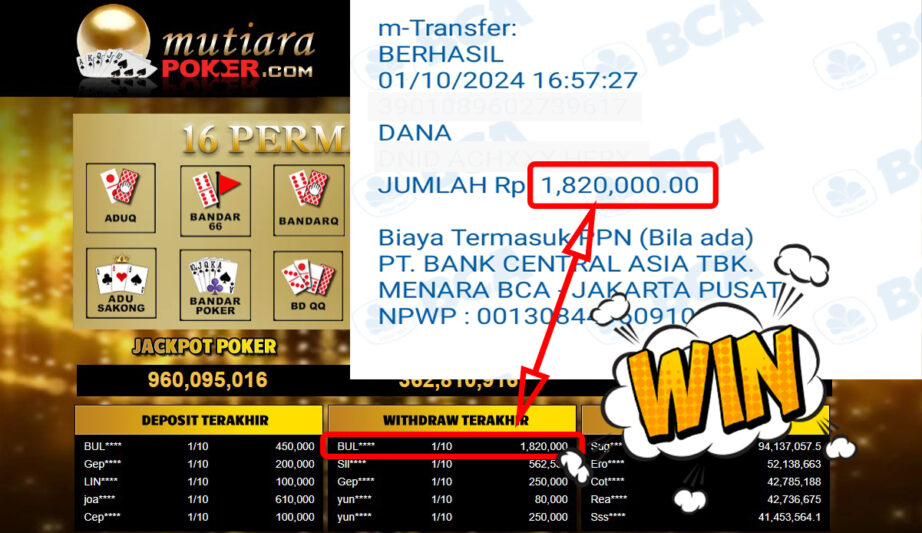 Bukti Withdraw ( 1,820,000,-) Member Setia Mutiarapoker