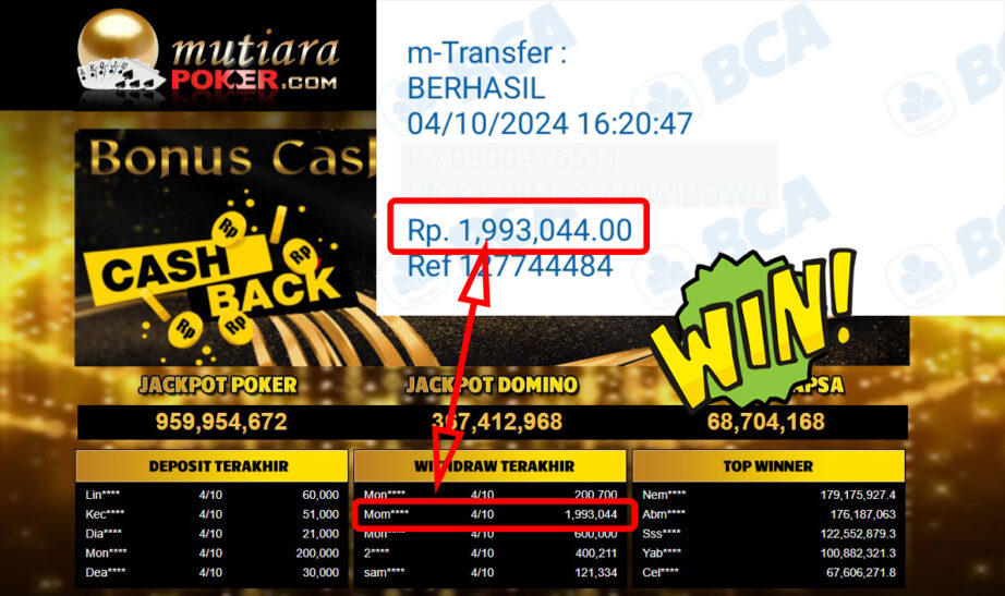 Bukti Withdraw ( 1,993,044,-) Member Setia Mutiarapoker