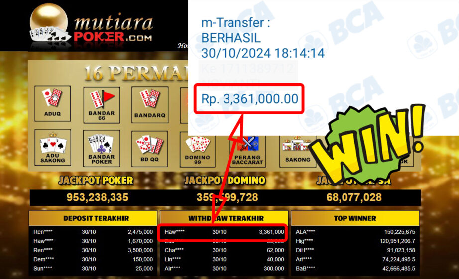 Bukti Withdraw ( 3,361,000,-) Member Setia Mutiarapoker