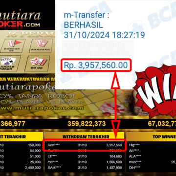 Bukti Withdraw ( 3,957,560,-) Member Setia Mutiarapoker