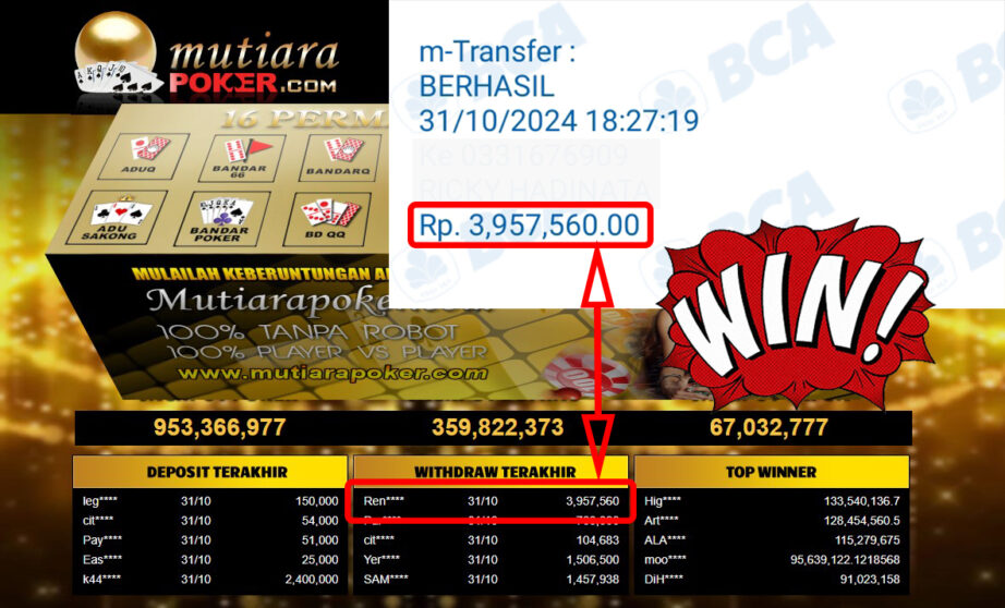 Bukti Withdraw ( 3,957,560,-) Member Setia Mutiarapoker