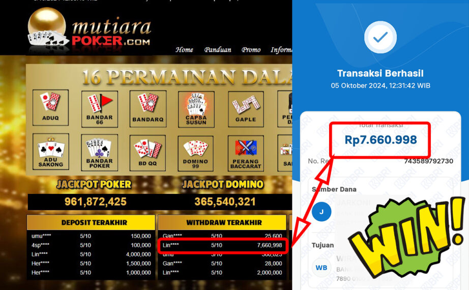 Bukti Withdraw ( 7,660,998,-) Member Setia Mutiarapoker