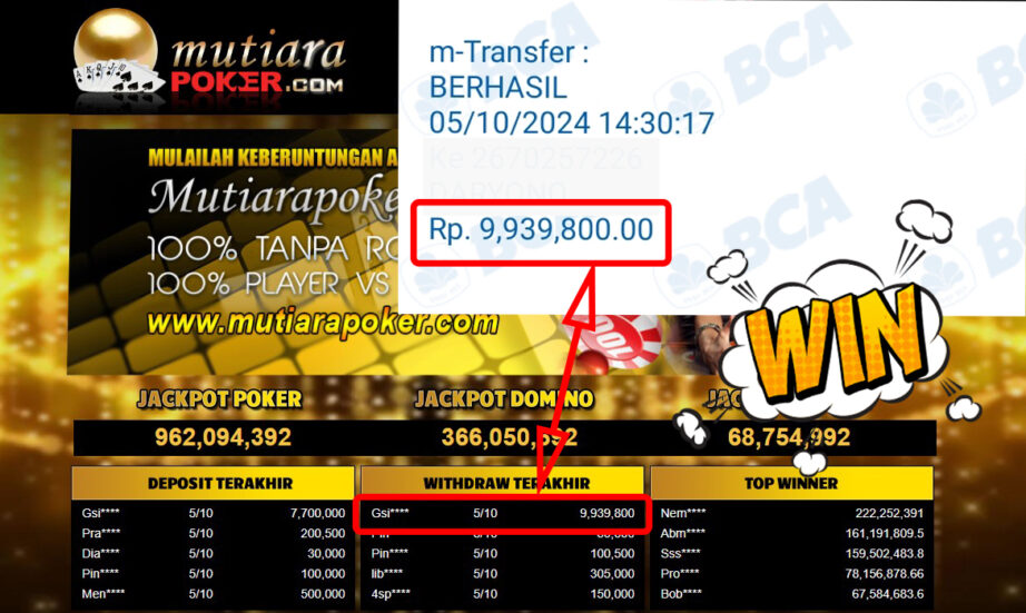 Bukti Withdraw ( 9,939,800,-) Member Setia Mutiarapoker