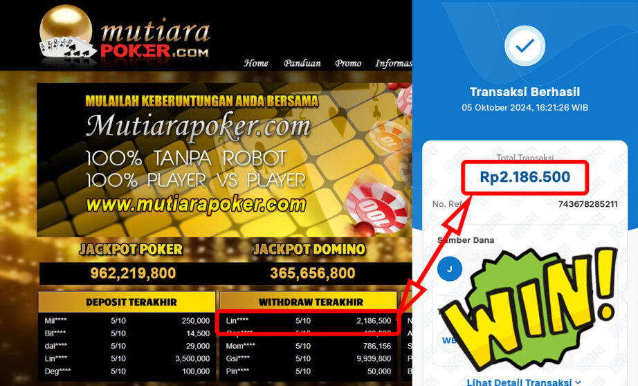 Bukti Withdraw ( 2,186,500,-) Member Setia Mutiarapoker