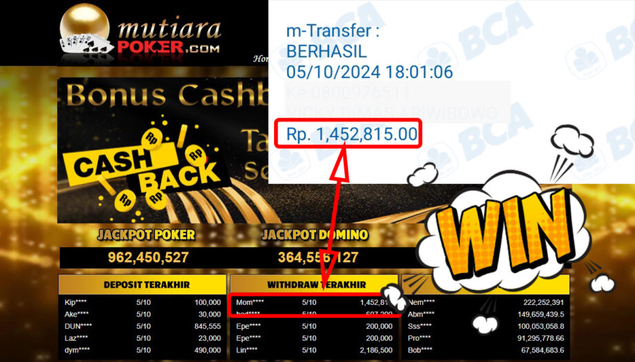 Bukti Withdraw ( 1,452,815,-) Member Setia Mutiarapoker