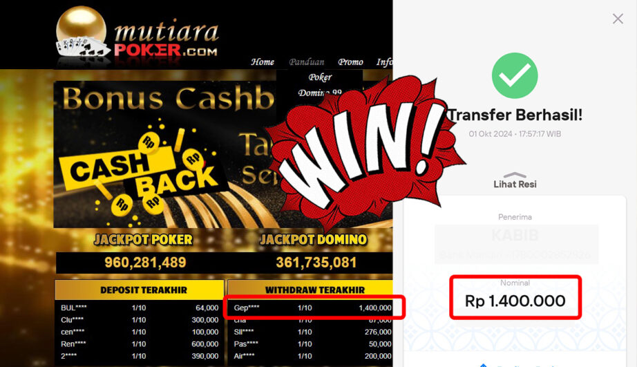 Bukti Withdraw ( 1,400,000,-) Member Setia Mutiarapoker