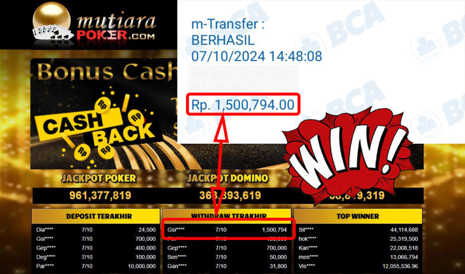 Bukti Withdraw ( 1,500,794,-) Member Setia Mutiarapoker