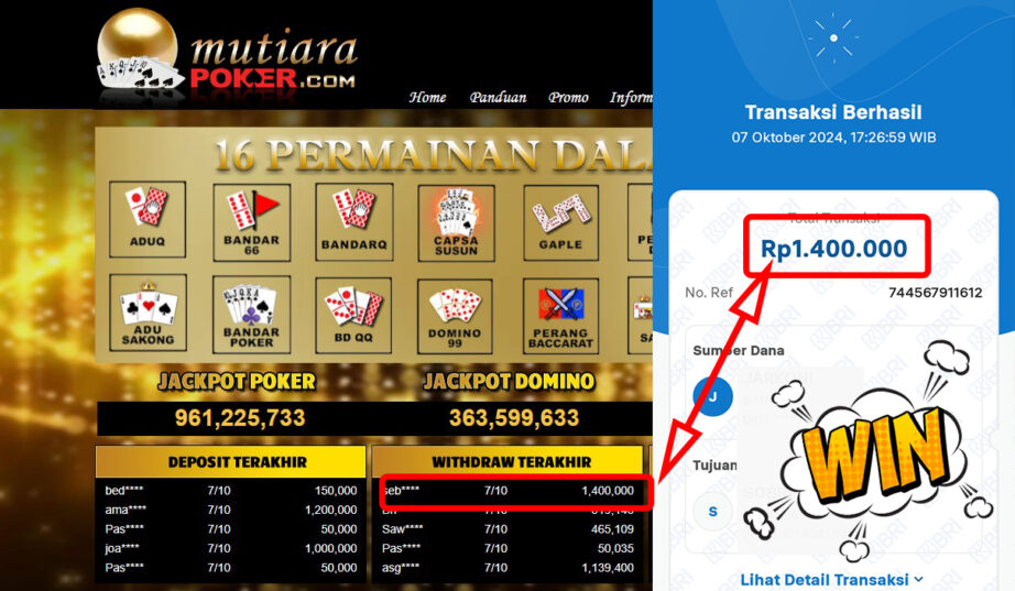 Bukti Withdraw ( 1,400,000,-) Member Setia Mutiarapoker