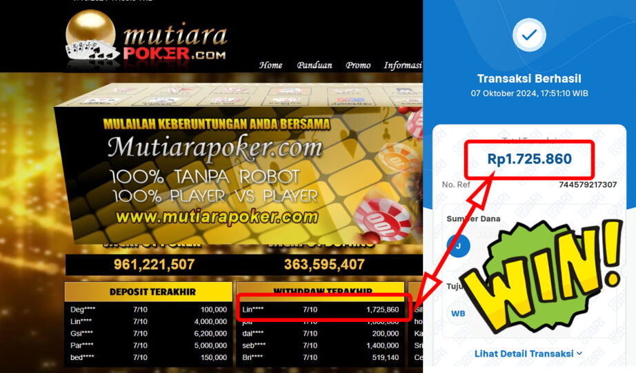 Bukti Withdraw ( 1,725,860,-) Member Setia Mutiarapoker