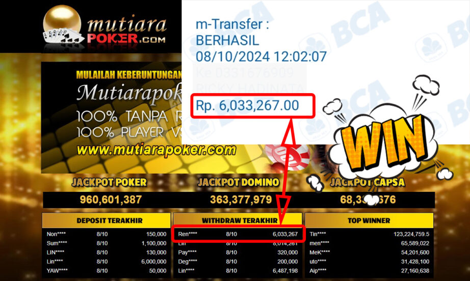 Bukti Withdraw ( 6,033,267,-) Member Setia Mutiarapoker