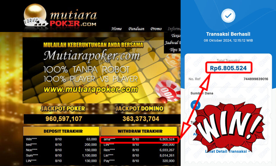 Bukti Withdraw ( 6,805,524,-) Member Setia Mutiarapoker