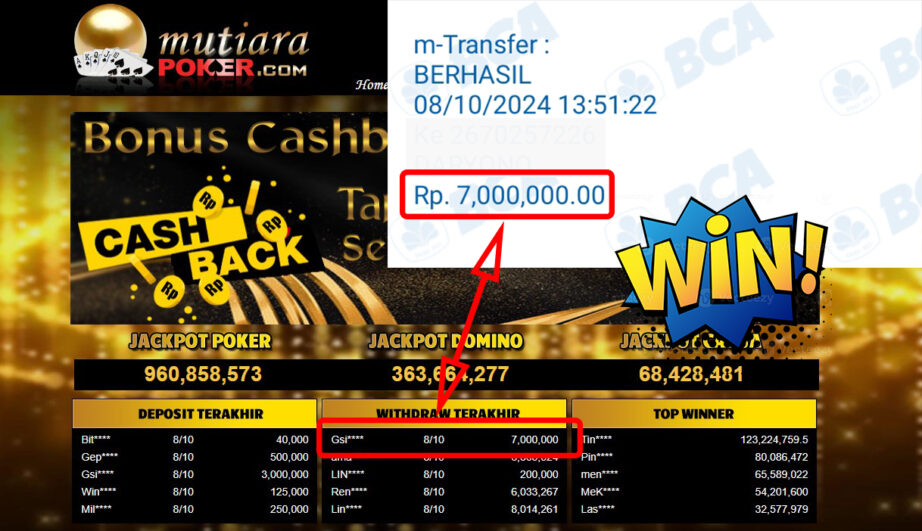 Bukti Withdraw ( 7,000,000,-) Member Setia Mutiarapoker