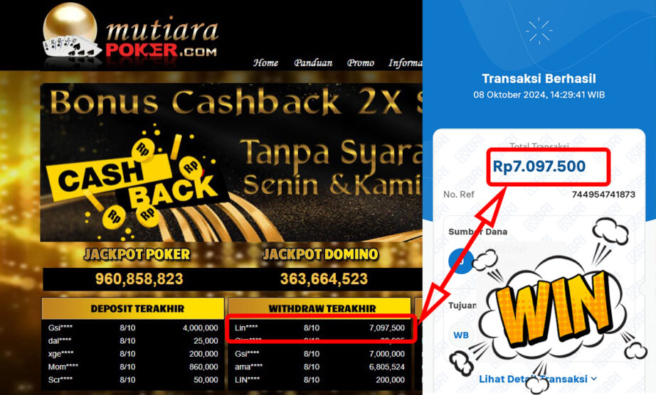 Bukti Withdraw ( 7,097,500,-) Member Setia Mutiarapoker