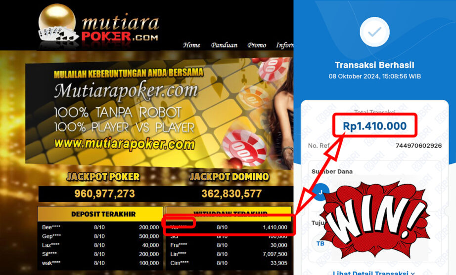 Bukti Withdraw ( 1,410,000,-) Member Setia Mutiarapoker