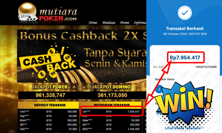 Bukti Withdraw ( 7,954,417,-) Member Setia Mutiarapoker