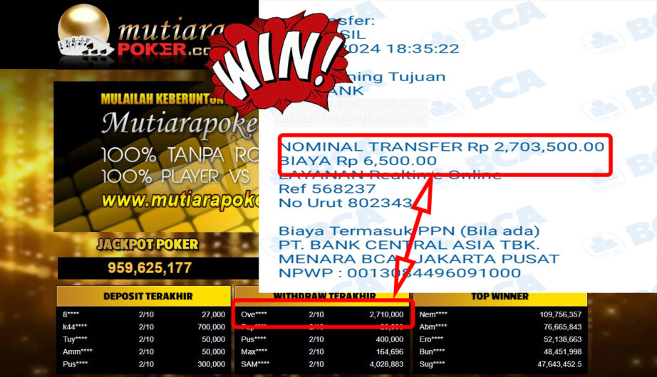 Bukti Withdraw ( 2,710,000,-) Member Setia Mutiarapoker