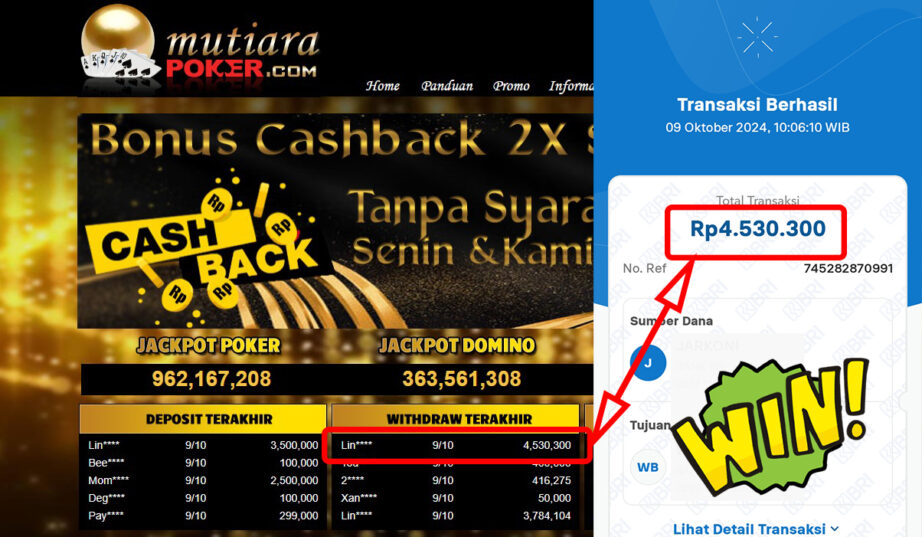 Bukti Withdraw ( 4,530,300,-) Member Setia Mutiarapoker