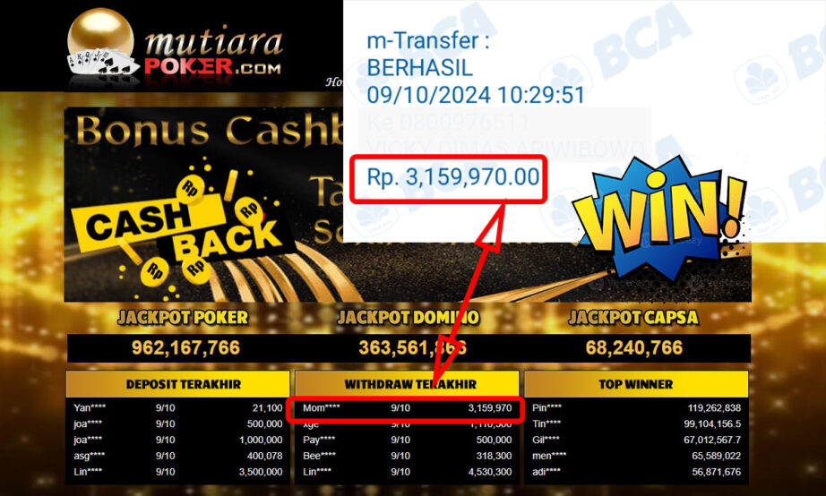 Bukti Withdraw ( 3,159,970,-) Member Setia Mutiarapoker