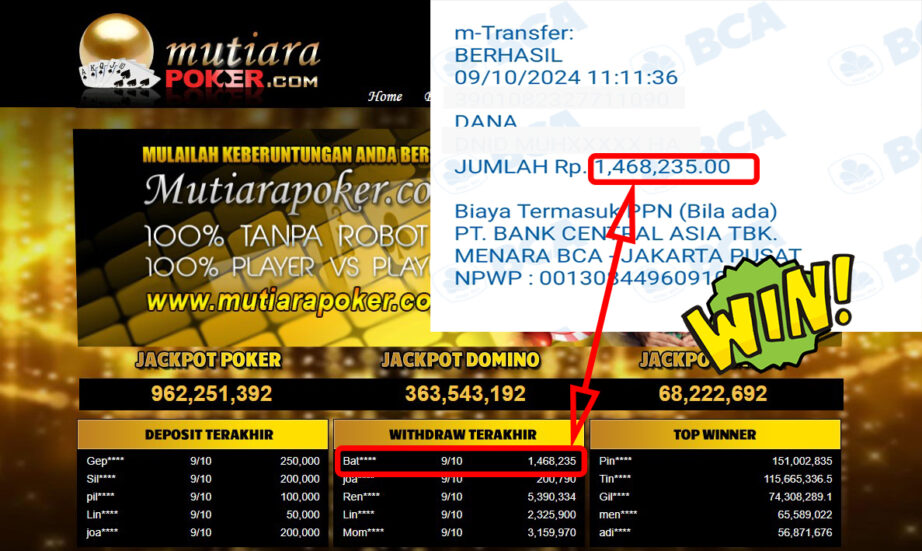 Bukti Withdraw ( 1,468,235,-) Member Setia Mutiarapoker