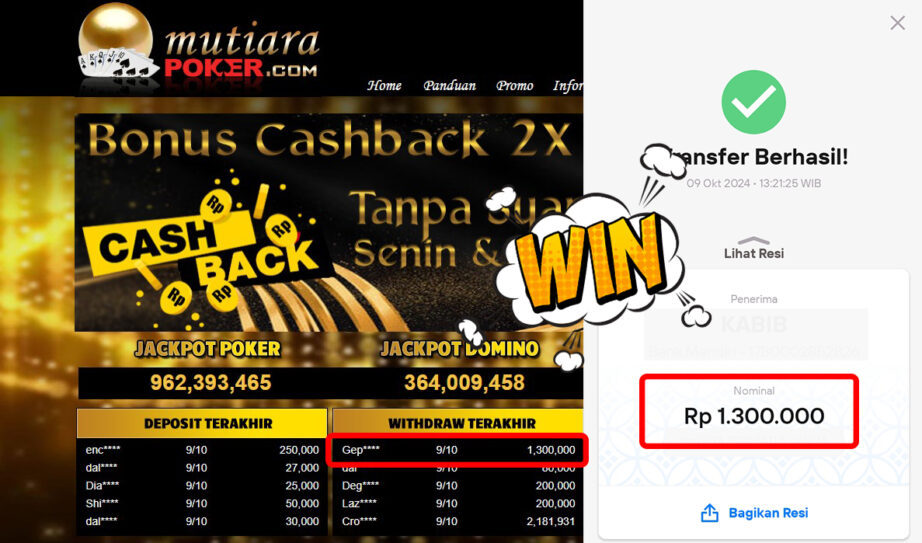 Bukti Withdraw ( 1,300,000,-) Member Setia Mutiarapoker