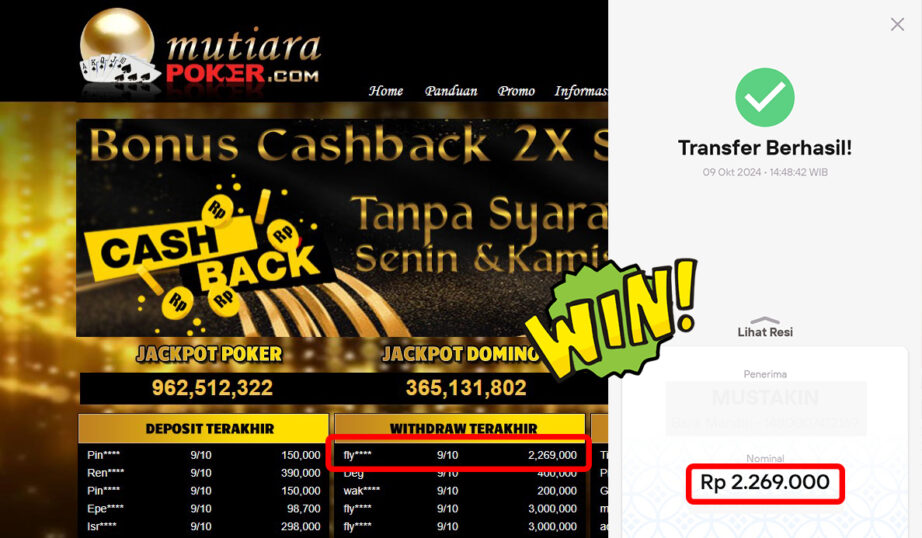 Bukti Withdraw ( 2,269,000,-) Member Setia Mutiarapoker