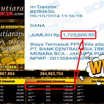 Bukti Withdraw ( 1,725,000,-) Member Setia Mutiarapoker