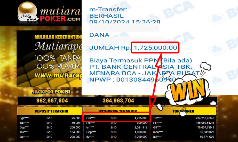 Bukti Withdraw ( 1,725,000,-) Member Setia Mutiarapoker