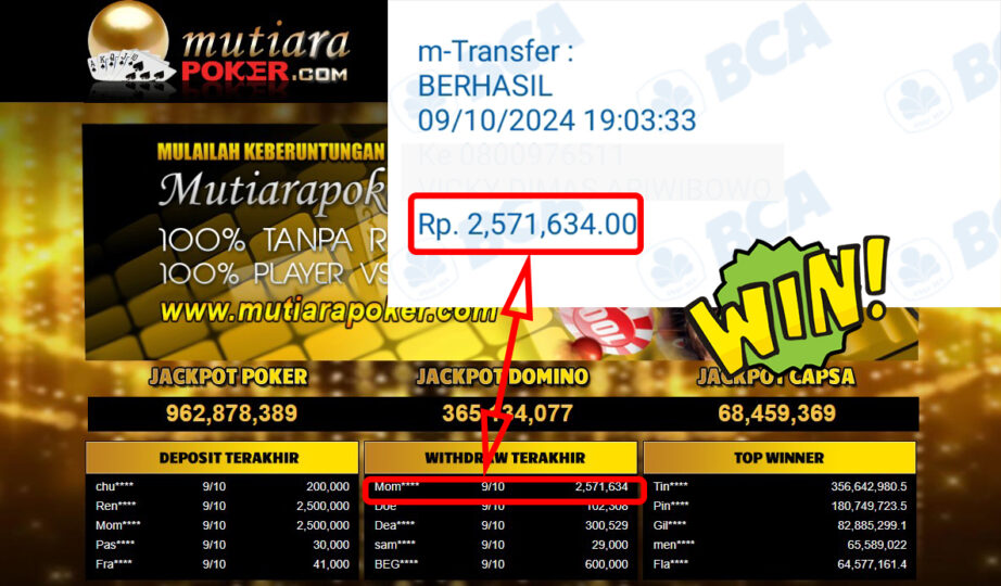 Bukti Withdraw ( 2,571,634,-) Member Setia Mutiarapoker