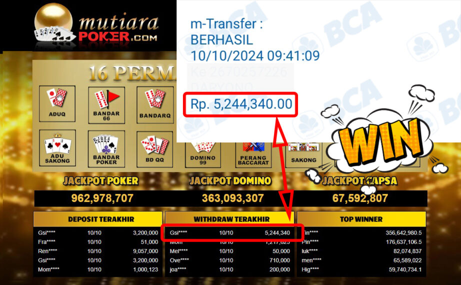 Bukti Withdraw ( 5,244,340,-) Member Setia Mutiarapoker