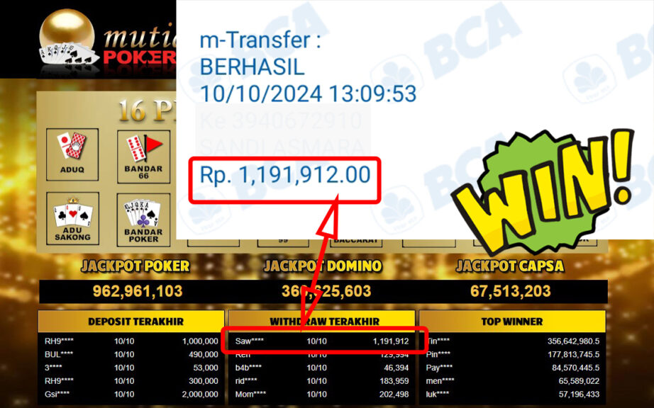 Bukti Withdraw ( 1,191,912,-) Member Setia Mutiarapoker