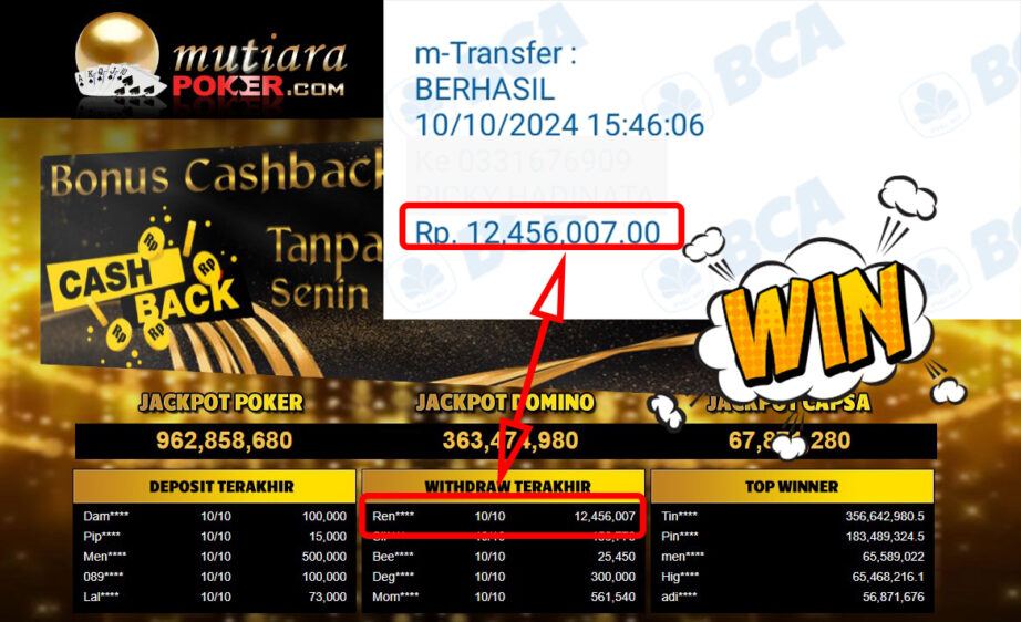 Bukti Withdraw ( 12,456,007,-) Member Setia Mutiarapoker