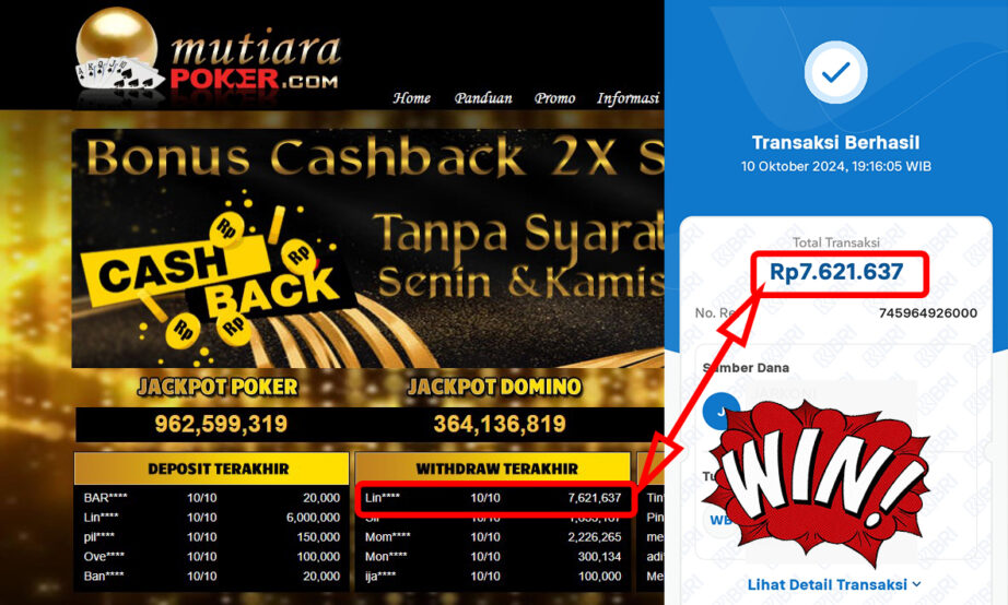 Bukti Withdraw ( 7,621,637,-) Member Setia Mutiarapoker