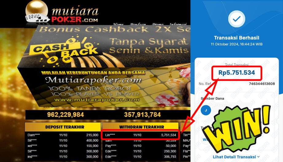 Bukti Withdraw ( 5,751,534,-) Member Setia Mutiarapoker