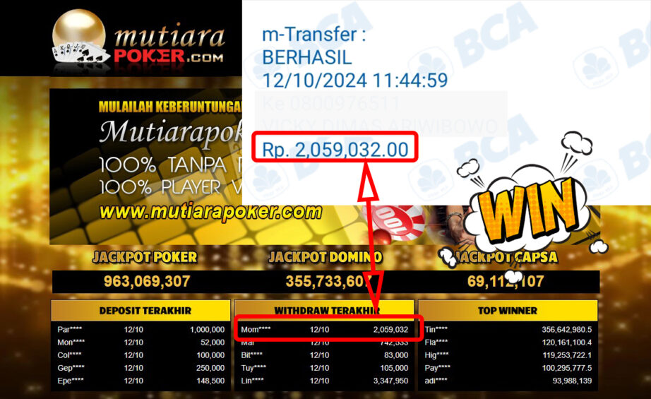 Bukti Withdraw ( 2,059,032,-) Member Setia Mutiarapoker