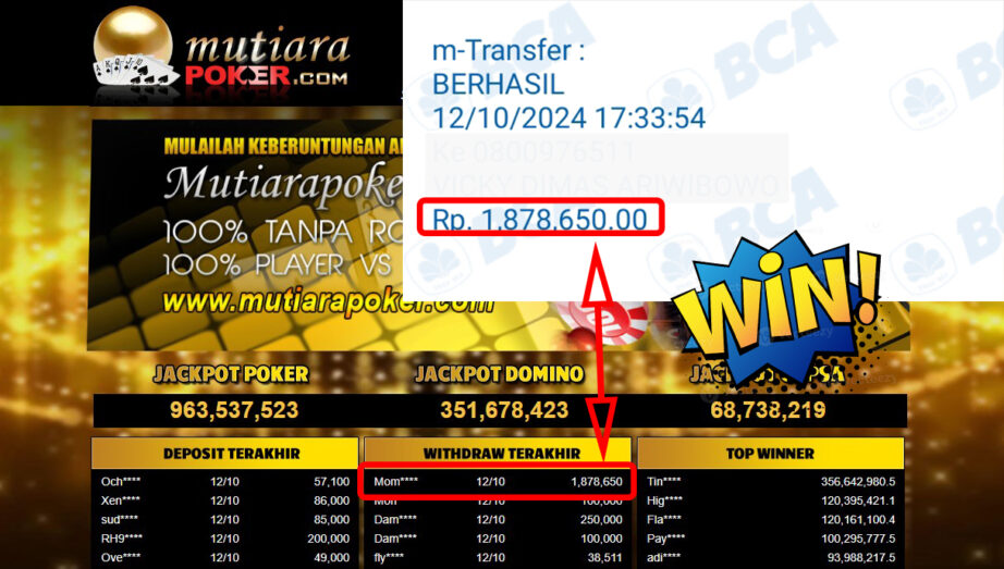 Bukti Withdraw ( 1,878,650,-) Member Setia Mutiarapoker