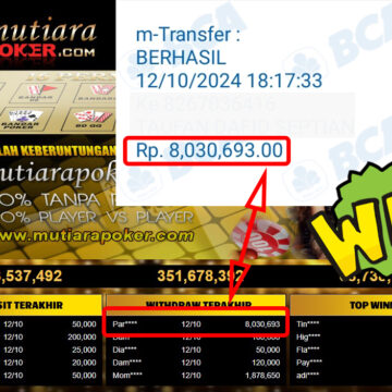 Bukti Withdraw ( 8,030,693,-) Member Setia Mutiarapoker