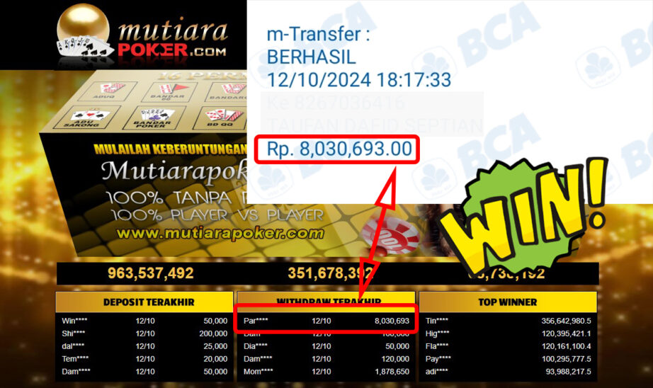 Bukti Withdraw ( 8,030,693,-) Member Setia Mutiarapoker