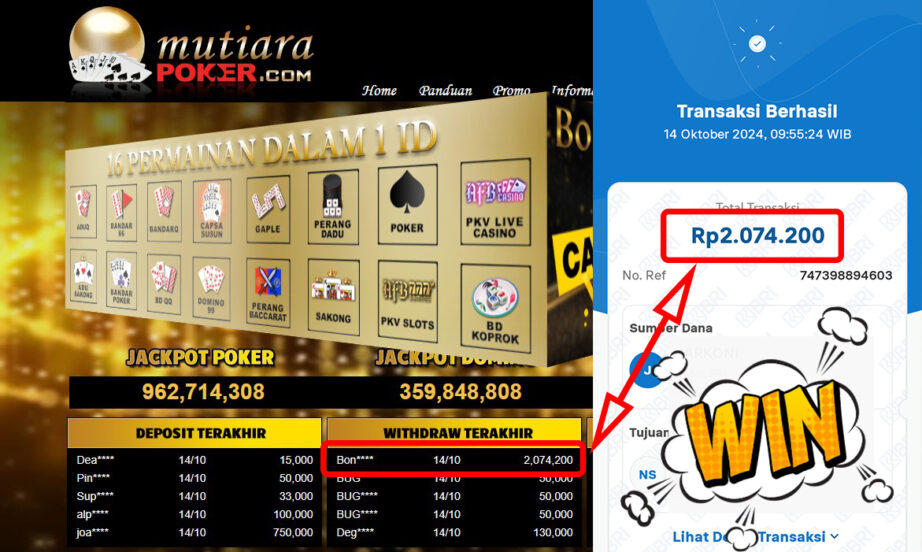 Bukti Withdraw ( 2,074,200,-) Member Setia Mutiarapoker