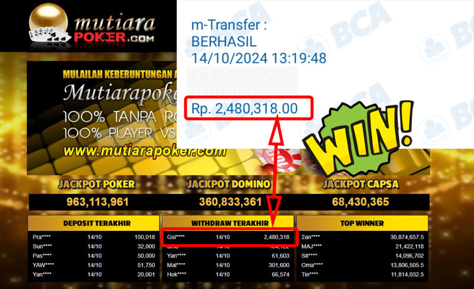 Bukti Withdraw ( 2,480,318,-) Member Setia Mutiarapoker