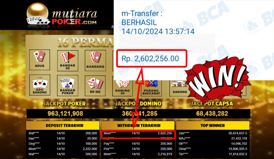 Bukti Withdraw ( 2,602,256,-) Member Setia Mutiarapoker