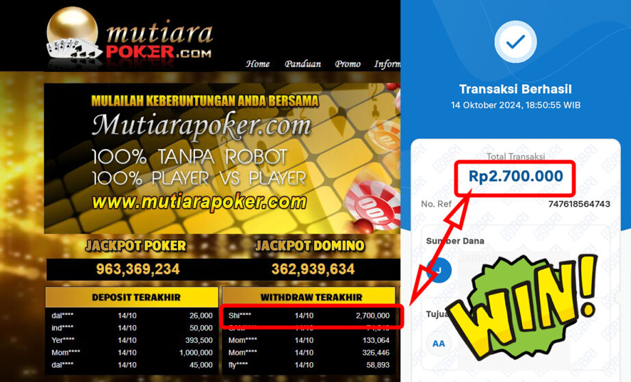 Bukti Withdraw ( 2,700,000,-) Member Setia Mutiarapoker