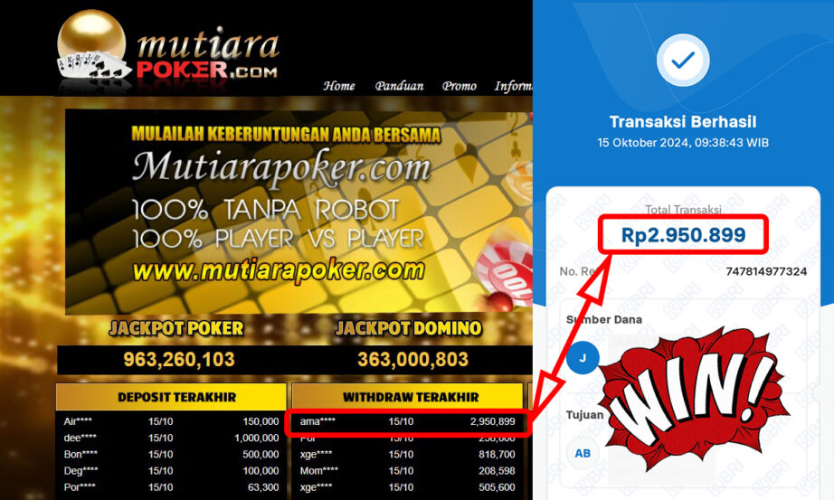 Bukti Withdraw ( 2,950,899,-) Member Setia Mutiarapoker