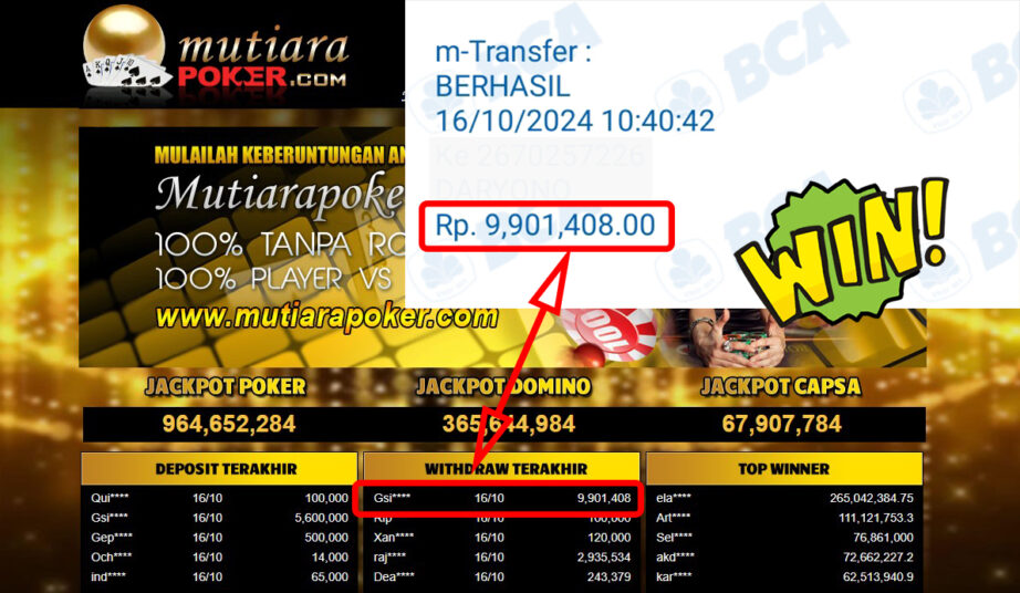 Bukti Withdraw ( 9,901,408,-) Member Setia Mutiarapoker