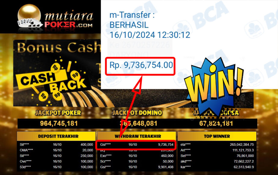 Bukti Withdraw ( 9,736,754,-) Member Setia Mutiarapoker