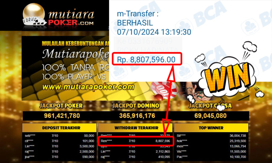 Bukti Withdraw ( 8,807,596,-) Member Setia Mutiarapoker