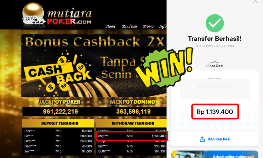 Bukti Withdraw ( 1,139,400,-) Member Setia Mutiarapoker